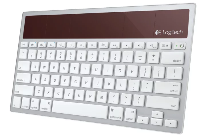 A solar panel above the keys soaks up light from indoor and outdoor light sources to power the Logitech Wireless Solar Keyboard K760