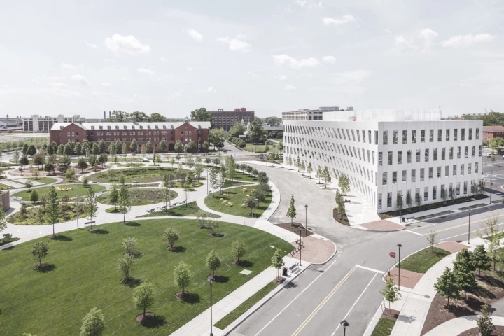 One side of 1200 Intrepid Avenue references both the bow of a ship and a nearby circular park and circular running paths