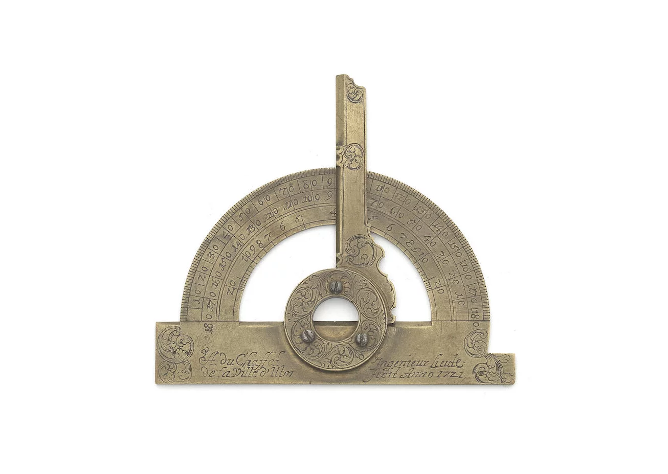 An Anthony du Chaffat brass protractor, German, dated 1722