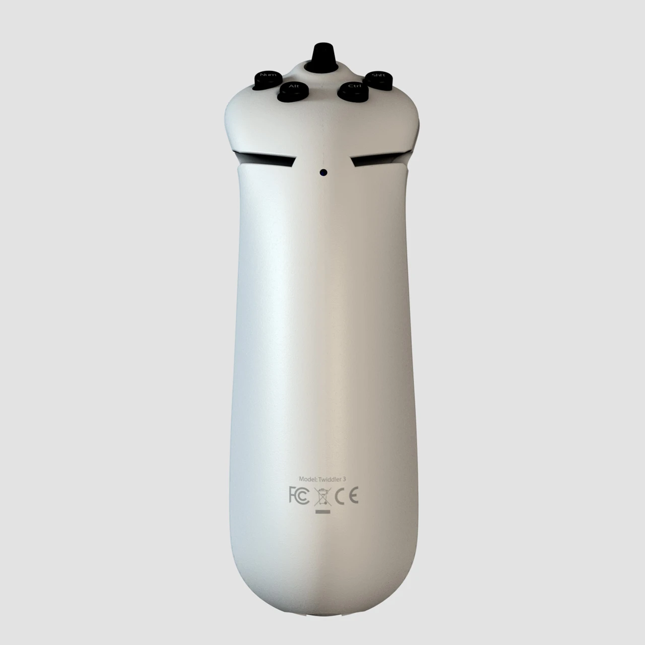The back view of the Twiddler3 where a user wraps their palm around, stretching fingers to the front to play various buttons, similar in feel to fingering chords on a guitar