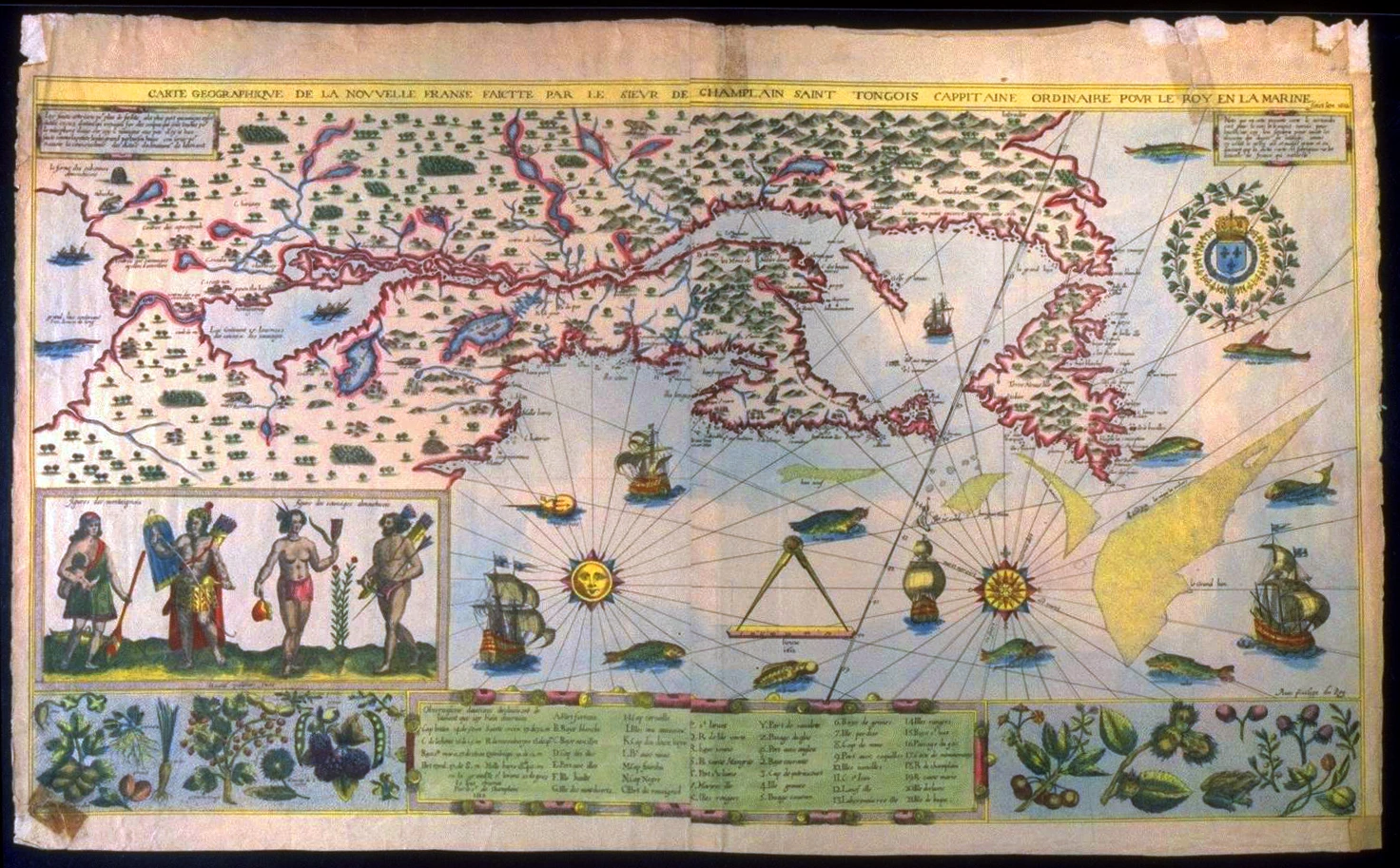 Les Voyages du Sieur de Champlain Xaintongeois by Samuel de Champlain. From the auction description: One of the most important works of the 17th century, remarkable in its content and execution, being the work of one man -- a gifted naturalist, an artist (trained as a portrait painter in France), a skilled cartographer and sympathetic ethnographer. Samuel de Champlain's account of his voyages of 1604, 1610, 1611 and 1613 are a key exploration narrative, one considerably enhanced by the author's lively illustrations in which he records his mapping of a vast area with unprecedented detail and accuracy, while also depicting the flora and fauna of the New World. The vignettes within the rare Carte Geographique de la Nouvelle Franse are an artist's rendition of new species, giving a hint of the varied and vast natural resources to be found in the New World. Of this monumental cartographic endeavor, Armstrong called the map, "not the work of a bureaucrat, but of a skillful pyschologist, promoter and politician…Champlain's map of 1612 is the most important historical cartography of Canada."