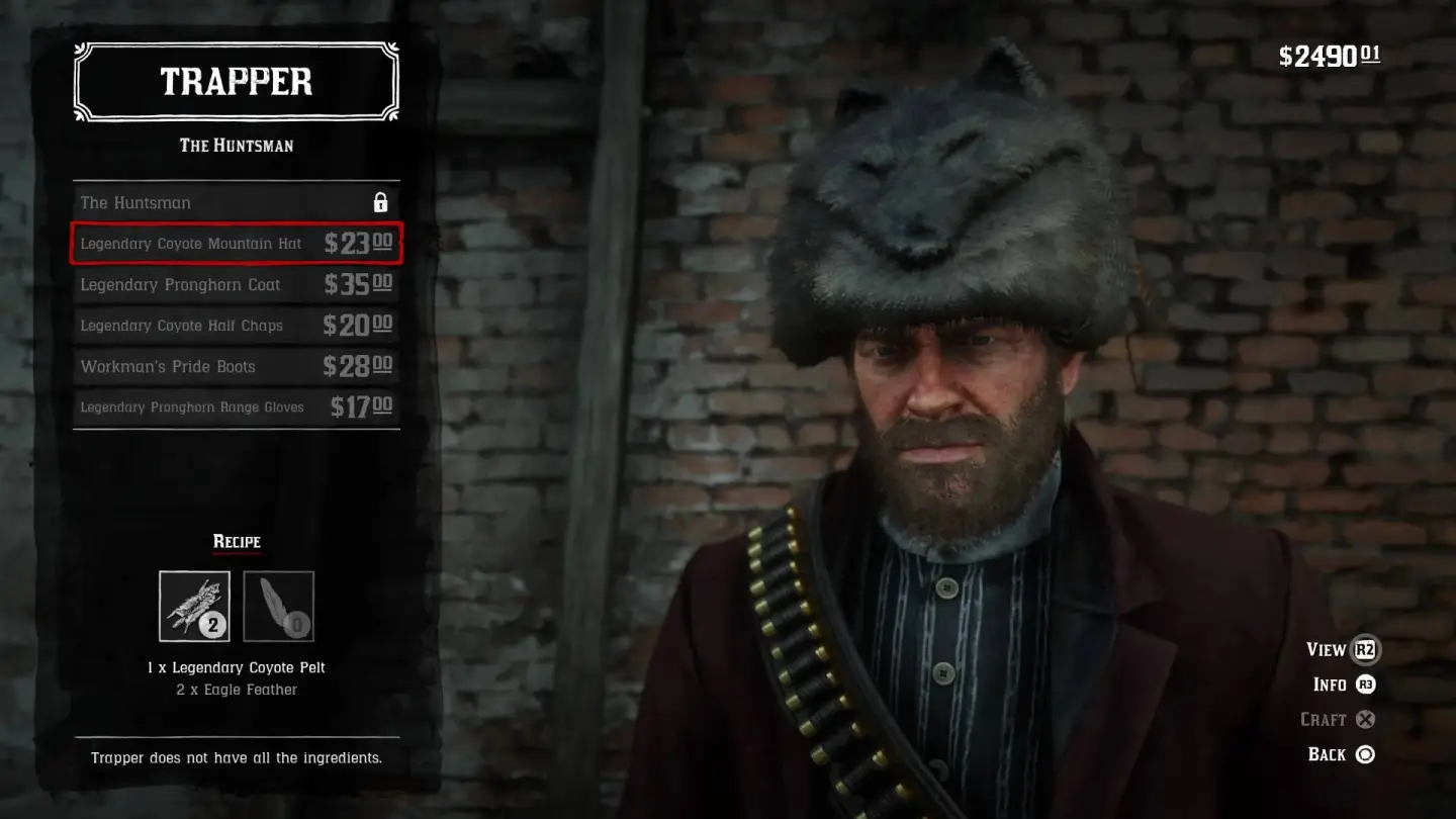 The trapper will make you a mountain hat and half chaps out of your Legendary Coyote pelt