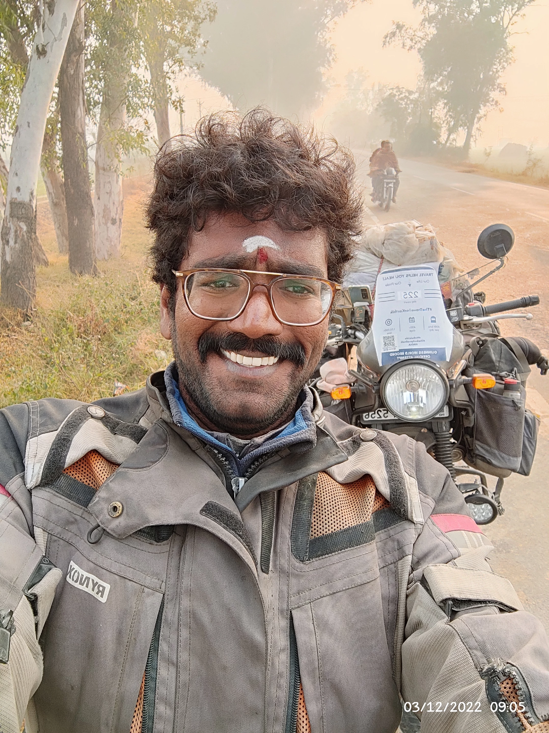 Venkata Karthik Tupili added small things like a phone mount and charger and extra lighting, but otherwise the Royal Enfield Himalayan motorcycle was stock