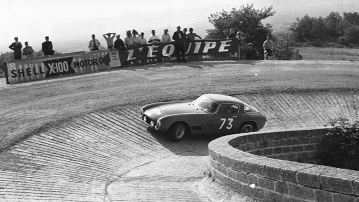 Alfonso de Portago on his way to winning the Tour de France Auto in this car.