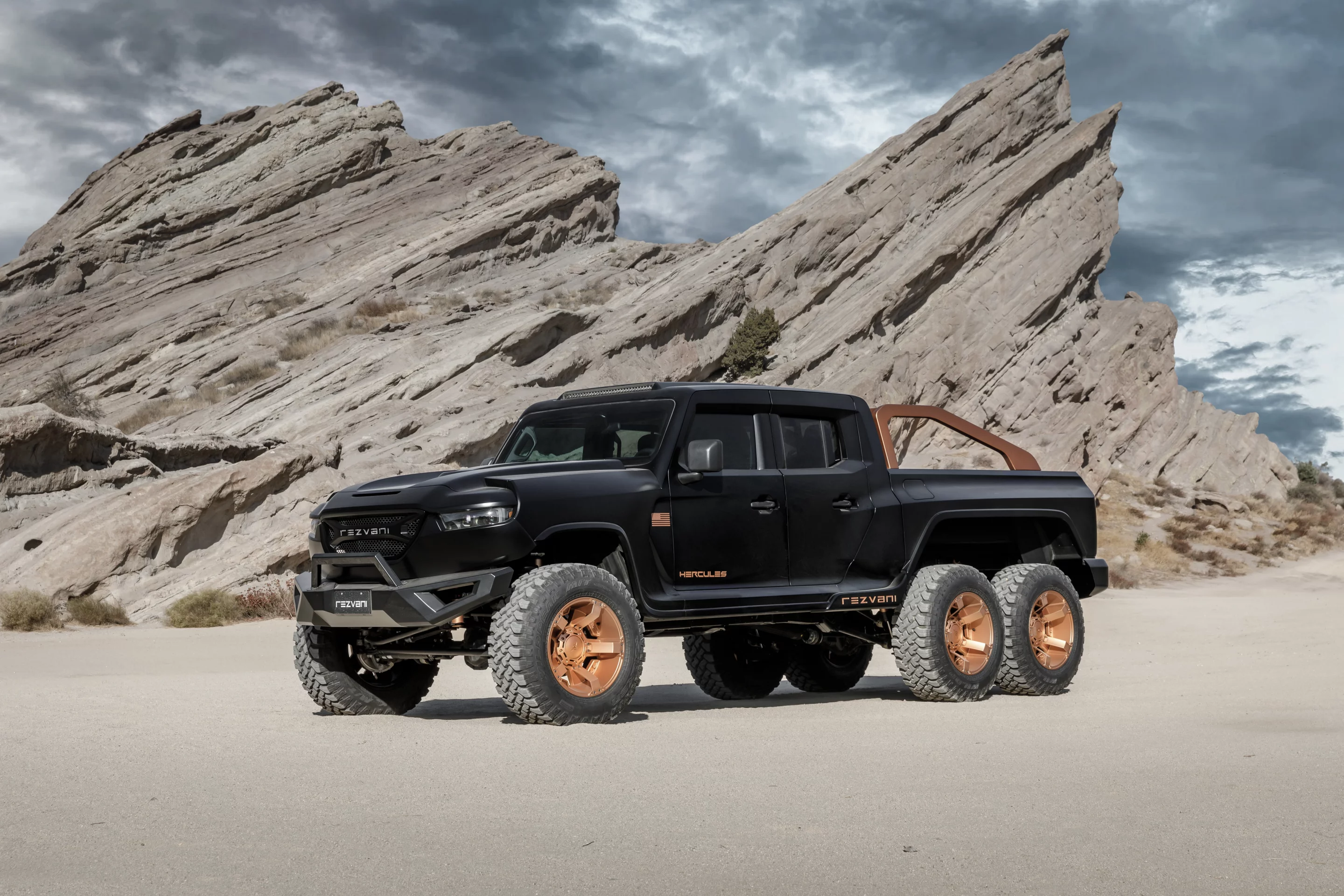 The Rezvani Hercules 6x6 in its stormy element