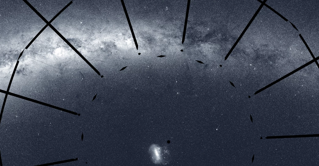 A section of the southern sky mosaic flipped onto its side – the dark lines indicate areas of the sky that were not imaged by TESS's cameras