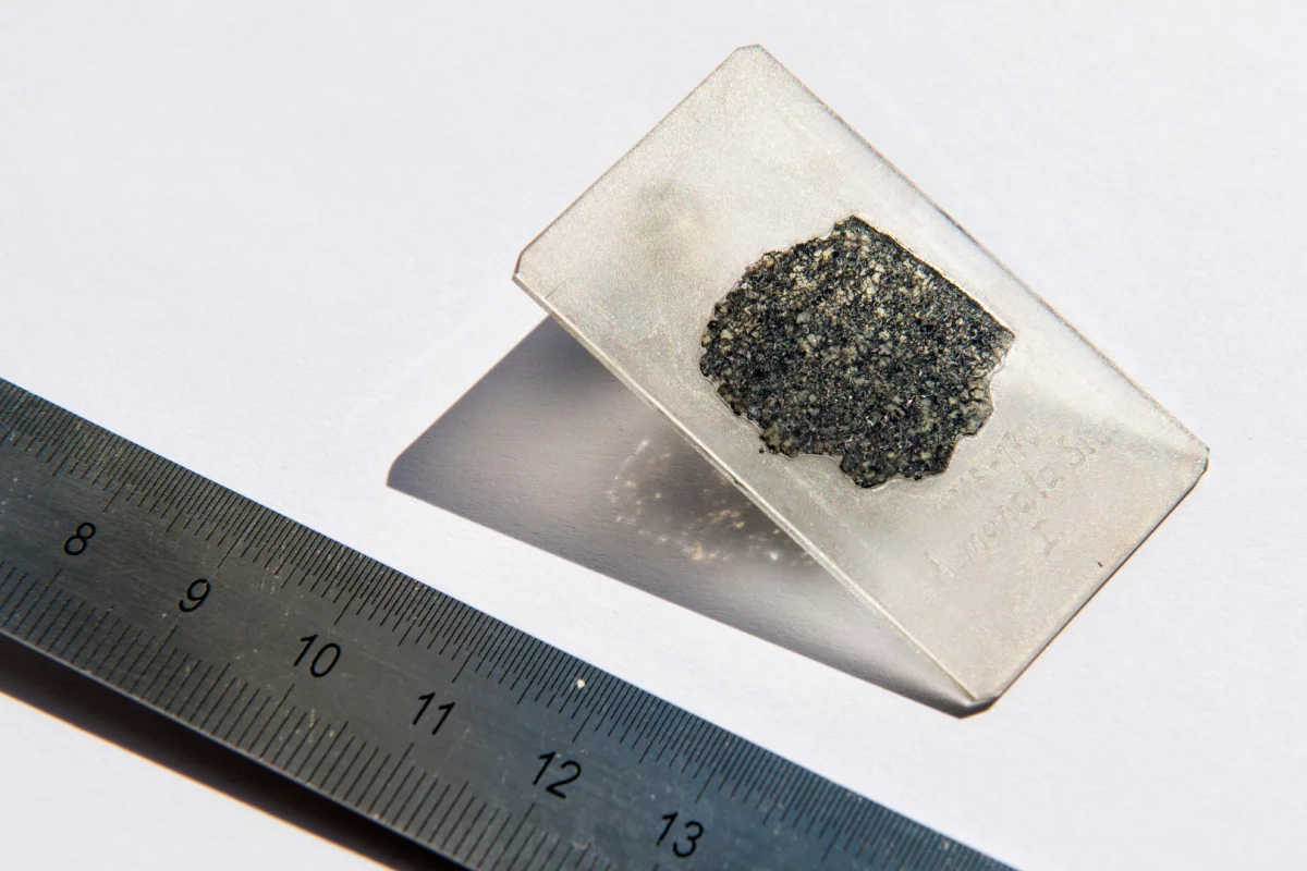 A slice of the meteorite sample from asteroid 2008 TC3, which was found to have diamonds that could only have formed inside a large planetary body