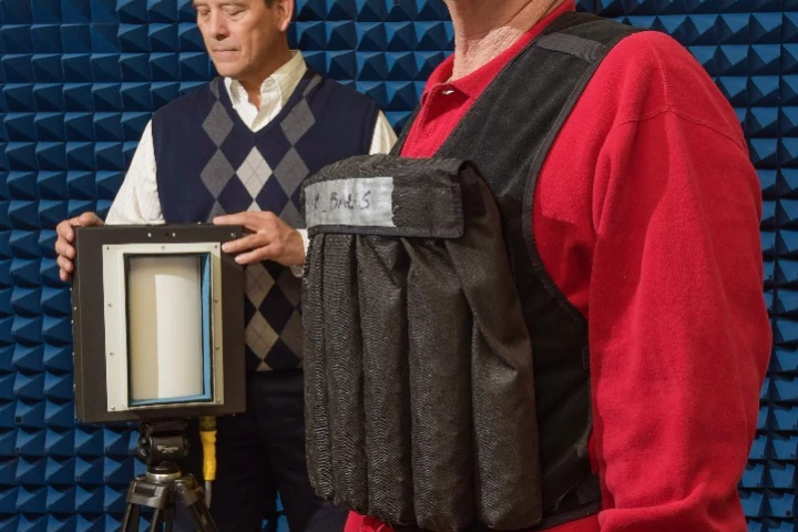 The CBD-1000 bomb detector (left) is trained on a mock suicide vest