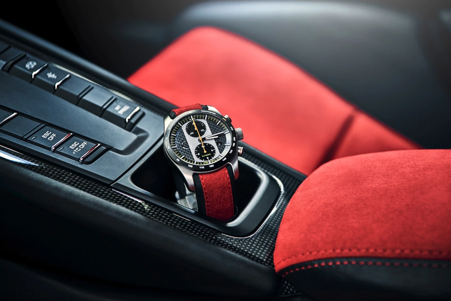 The Porsche Design chronograph looks right at home inside the 911 GT2 RS