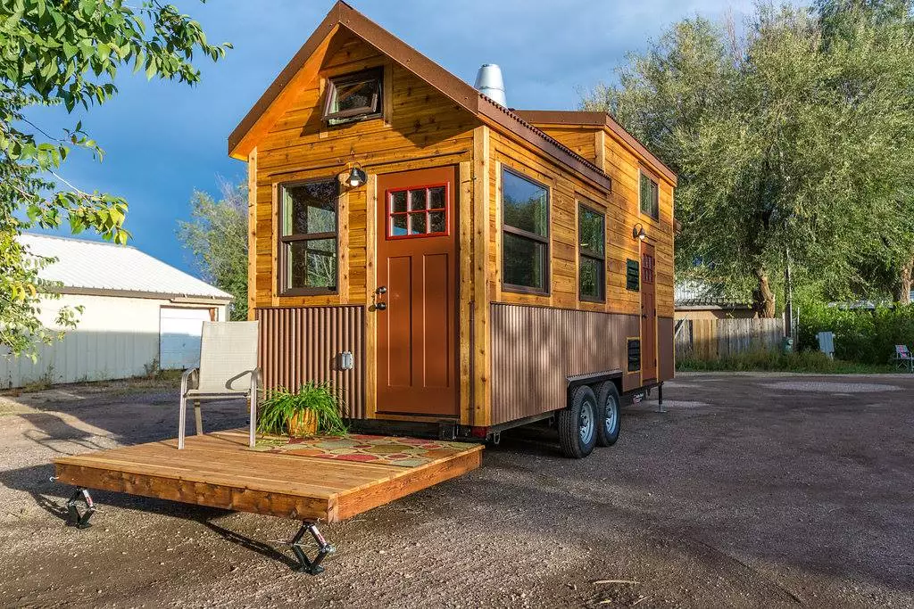 Davis's 22 ft Off-Grid Tiny Home with deck in lowered position