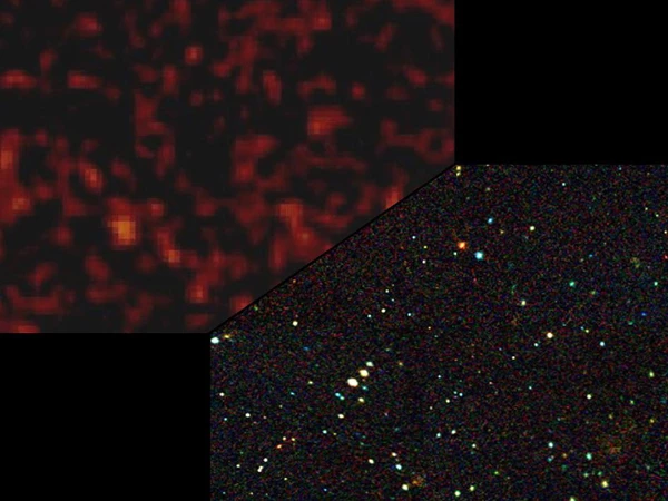 Unlike the low resolution ESA INTEGRAL hard x-ray image on the upper left, NuSTAR (lower right) is able to identify individual black holes making up the diffuse X-ray glow, also called the X-ray background. The observatory has 100 times better sensitivity than its predecessors, and 15 times sharper resolution (Photo: ESA/NASA/JPL-Caltech)