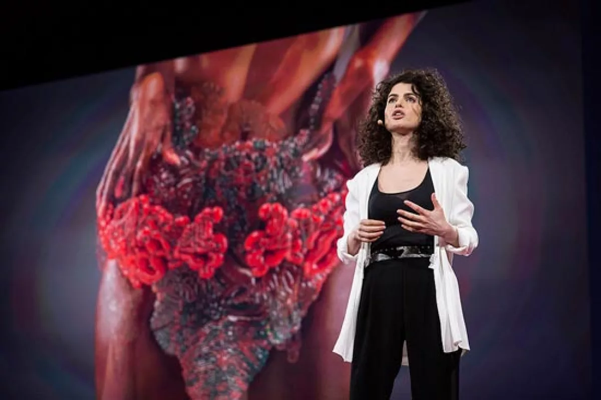 MIT professor Neri Oxman has displayed what is claimed to be the world’s first 3D-printed photosynthetic wearable embedded with living matter