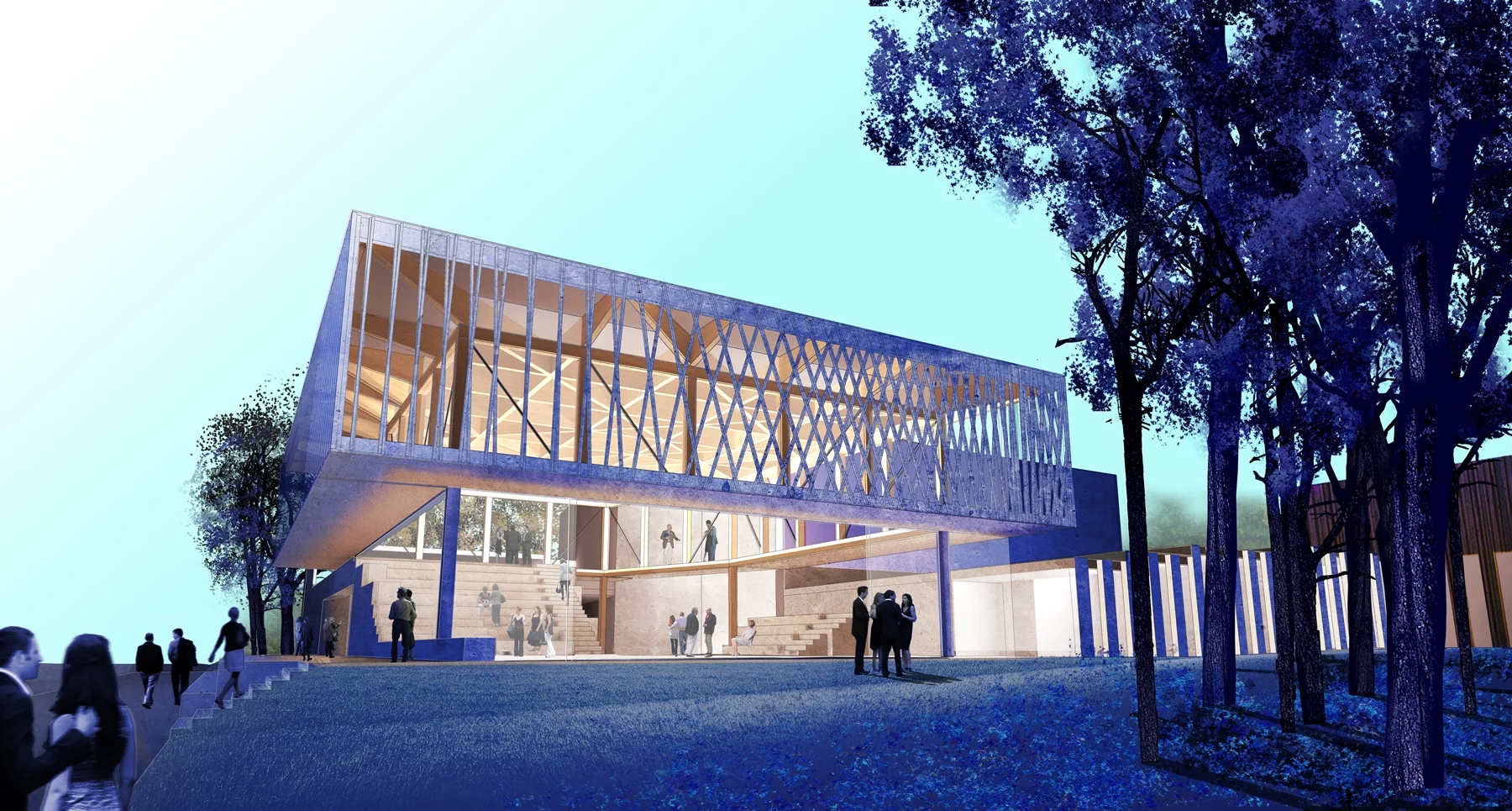 The Writers Theatre is located in a public park and its public spaces include outdoor rooftop terraces and rooftop gardens