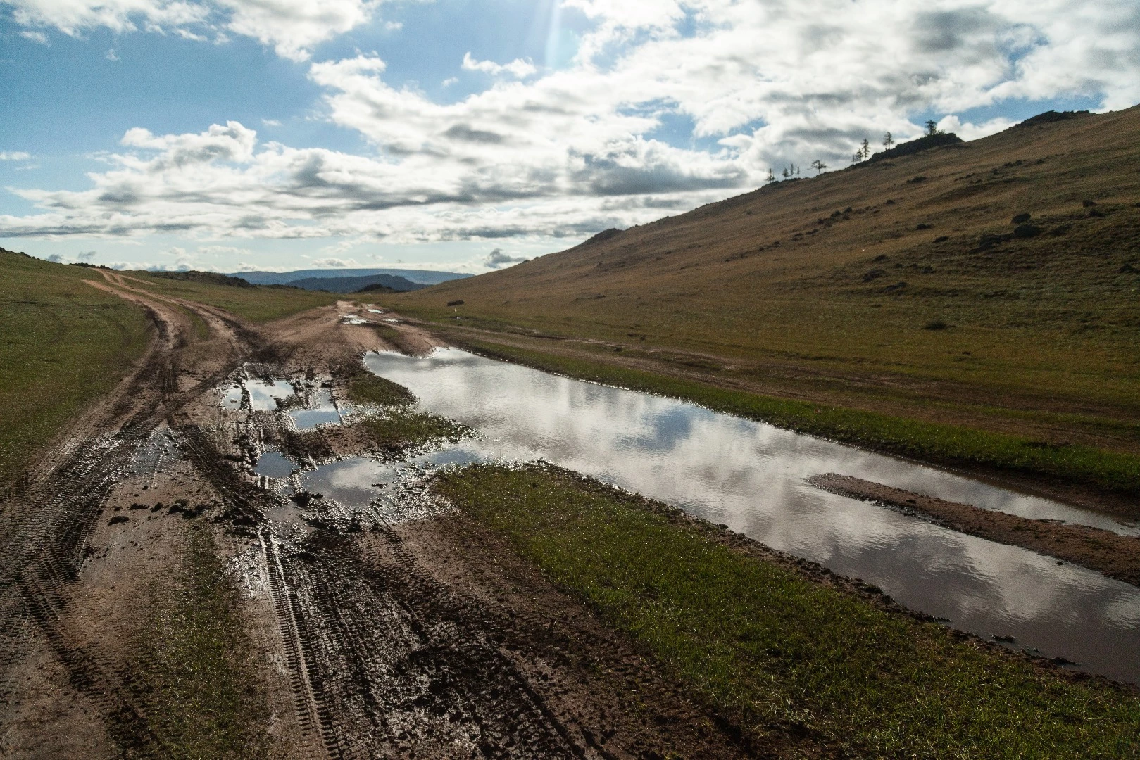 Typical Mongolian road after a night of rain. Here there are only two choices, but frequently you can choose from up to 10 paths. Choose wisely, you never know how deep those puddles are.