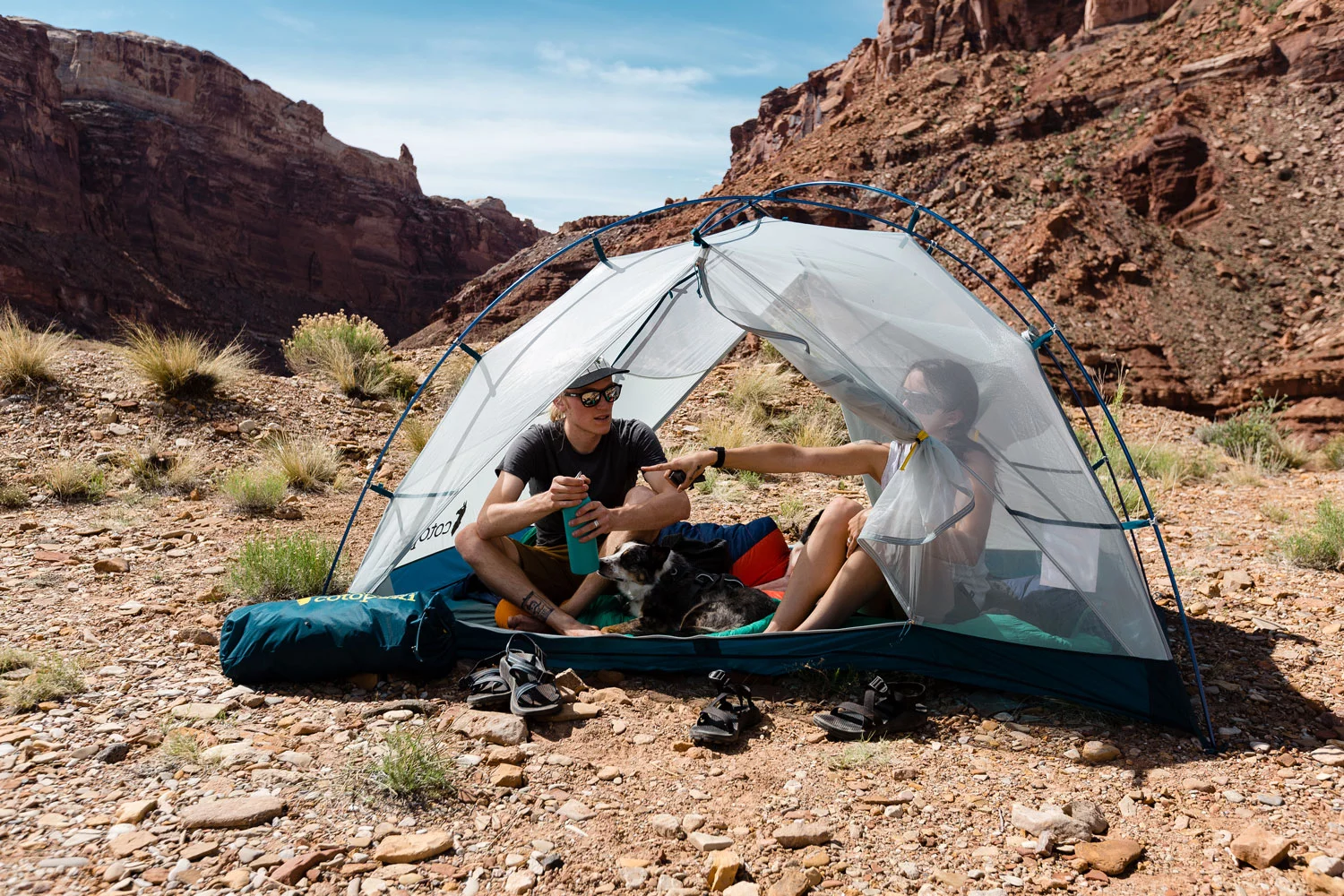 The main tent is a tub-floor, mesh-wall freestanding design