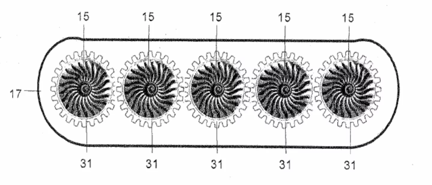 A series of fans linked by gearing