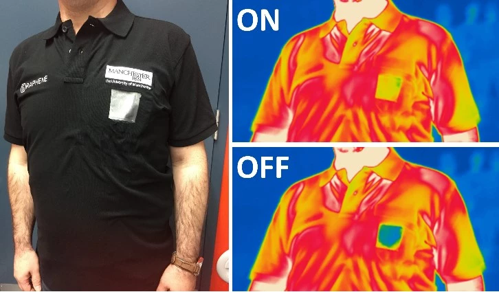 This prototype garment features a patch of adaptive material on the chest that can be turned on or off to block heat or allow heat it through