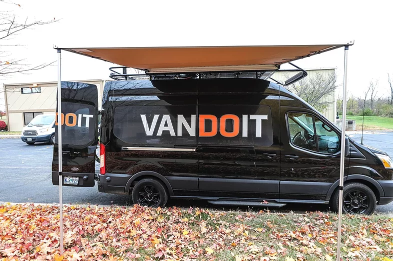 The awning creates a shaded patio area