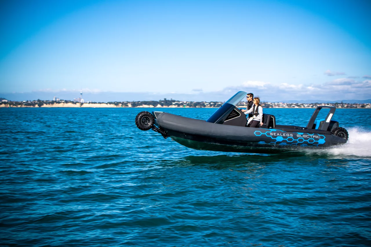 The Sealegs Electric E4 can go up to 74 km/h (46 mph/40 knots) on the water