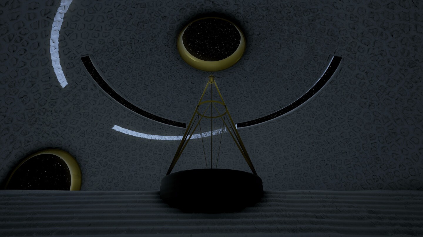 The roof opening and liquid mirror telescope embedded in the floor of the lunar temple
