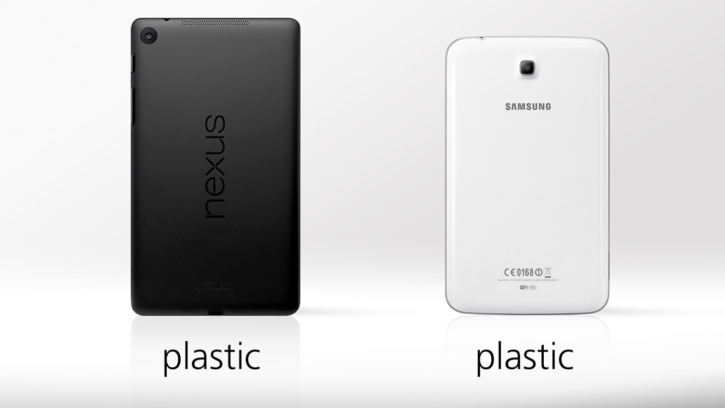 Both tablets are made of plastic, though the Nexus 7's is matte, next to the Tab's glossy finish