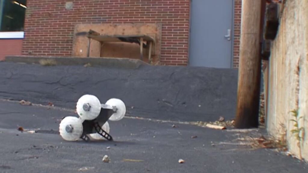 The Sand Flea robot rears up in preparation for launch