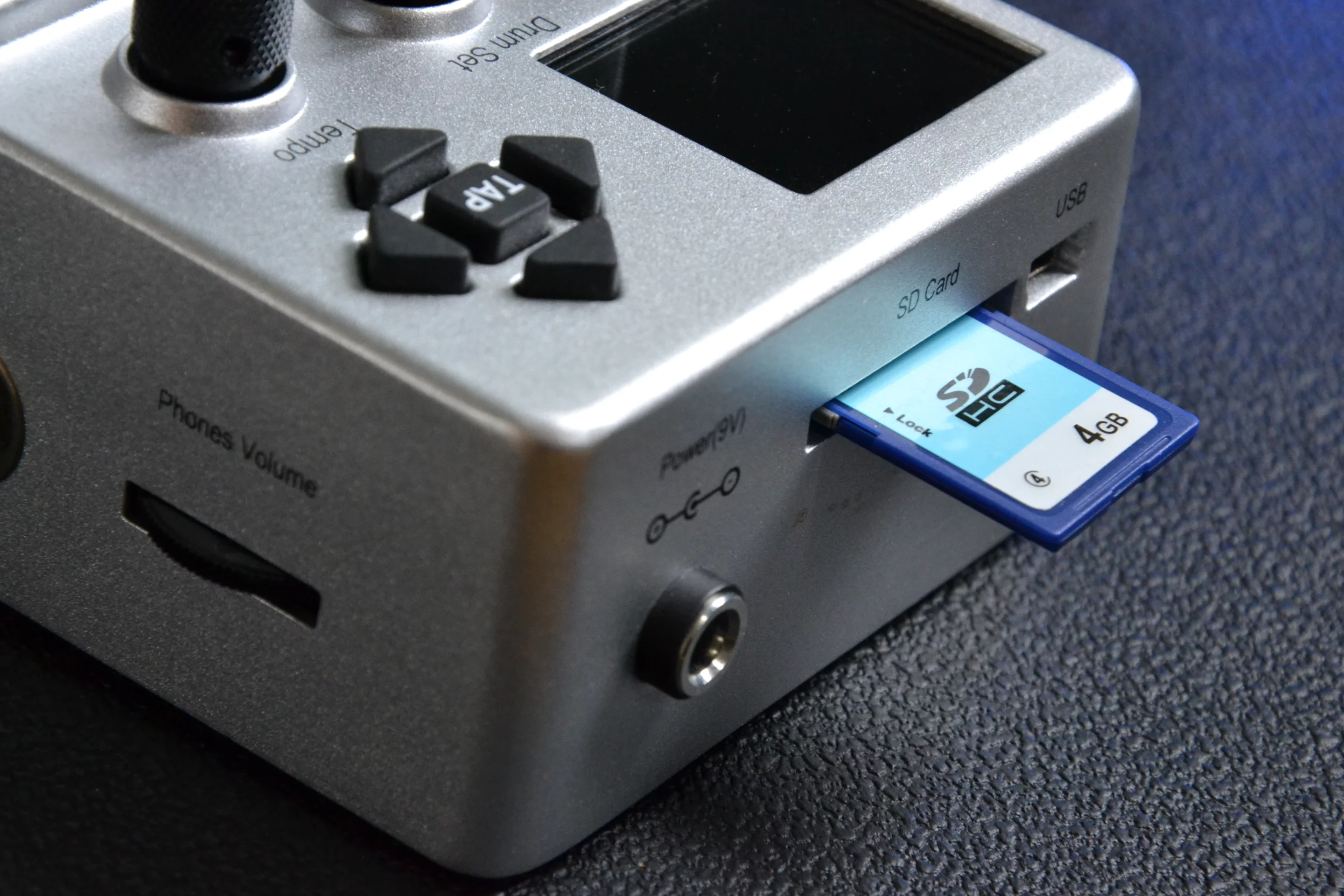Rather than sport internal storage, the BeatBuddy's collection of 10 drumsets and more than 200 songs spread over 22 genres are stored on the included 4 GB SD card (Photo: Paul Ridden/Gizmag)