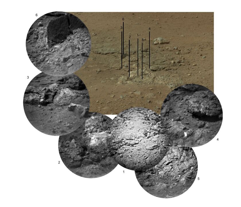 Photo mosaic of rocks exposed by sky crane's rockets and then zapped by ChemCam (Image: NASA/JPL)