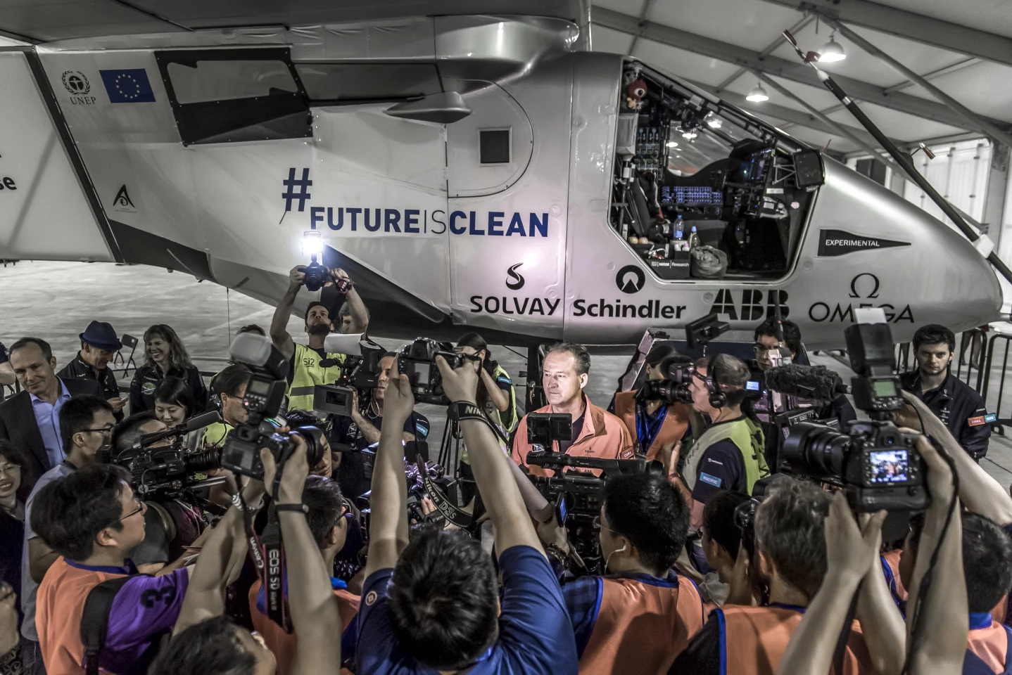 André Borschberg in front of the media before boarding Solar Impulse 2 to attempt the first oceanic flight of the world journey
