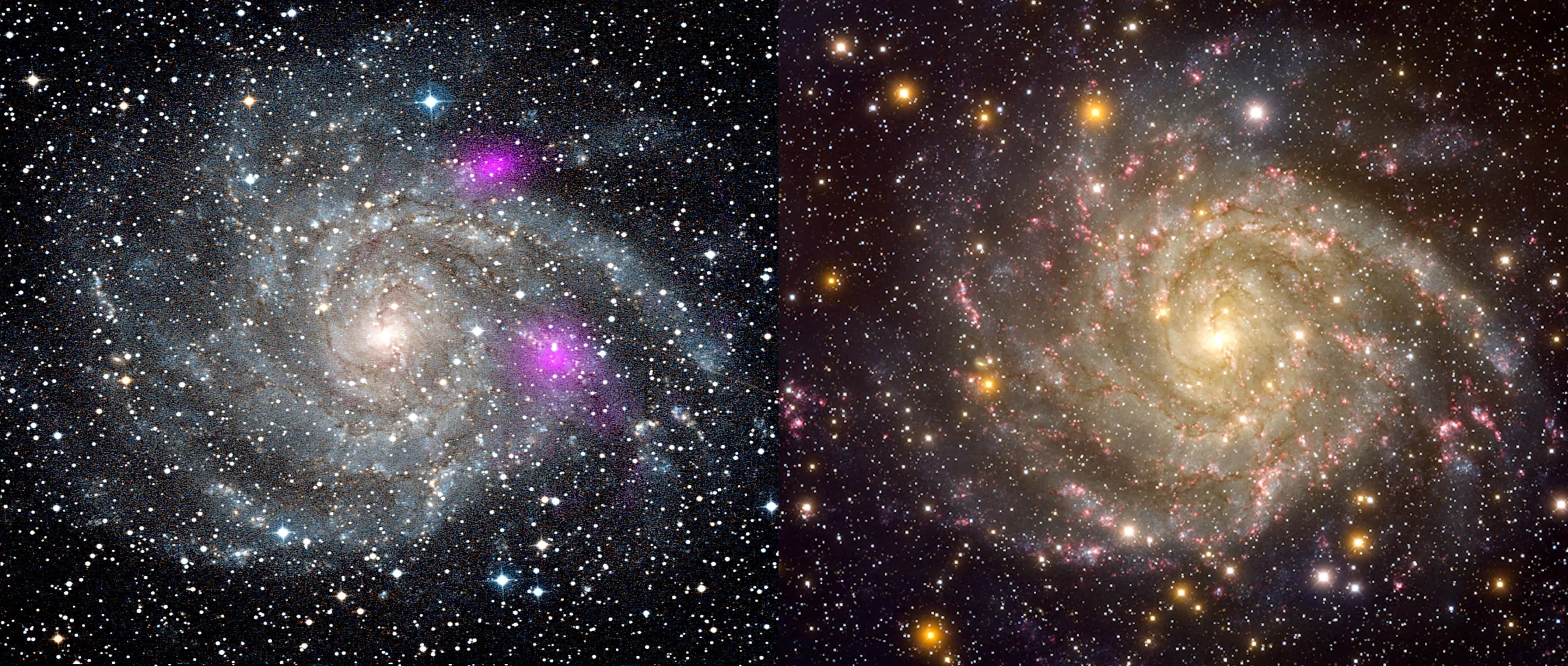 Paired images of spiral galaxy IC342, On the left is the NuSTAR high-energy x-ray image, while on the right is an optical image taken at Kitt Peak (Photo: NASA and T. Rector (U. Alaska Anchorage), H. Schweiker, WIYN, NOAO, AURA, NSF)