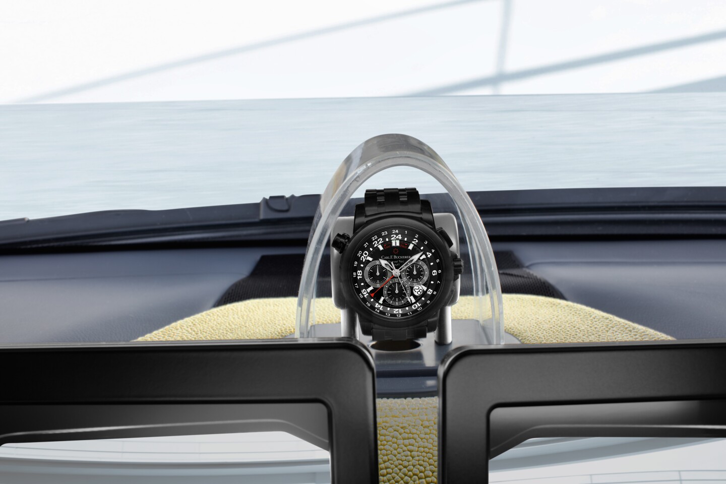 A beautiful mechanical contrast to the highly digital interior, the Carl F. Bucherer clock comes in a winder case