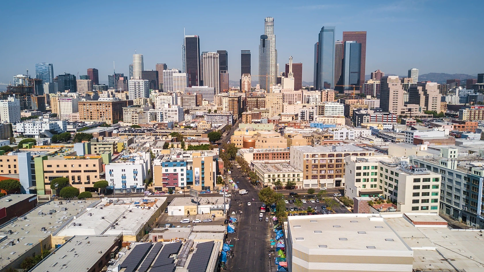Downtown LA, with its infamous tent city in the foreground