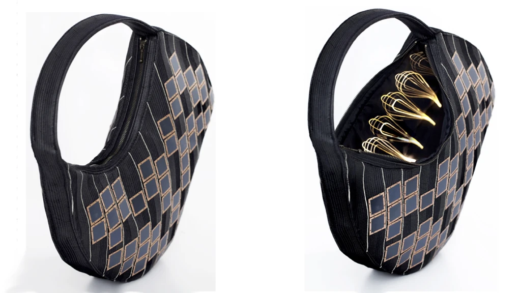 The Solar Handbag has solar cells on the outside and a battery and optical fiber lighting on the inside