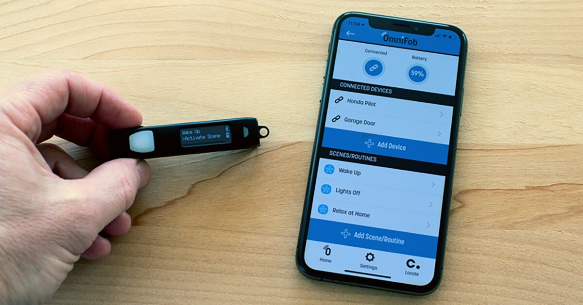 The OmniFob is trained to operate individual IoT devices or perform complex scenes and/or routines via the Keyport app