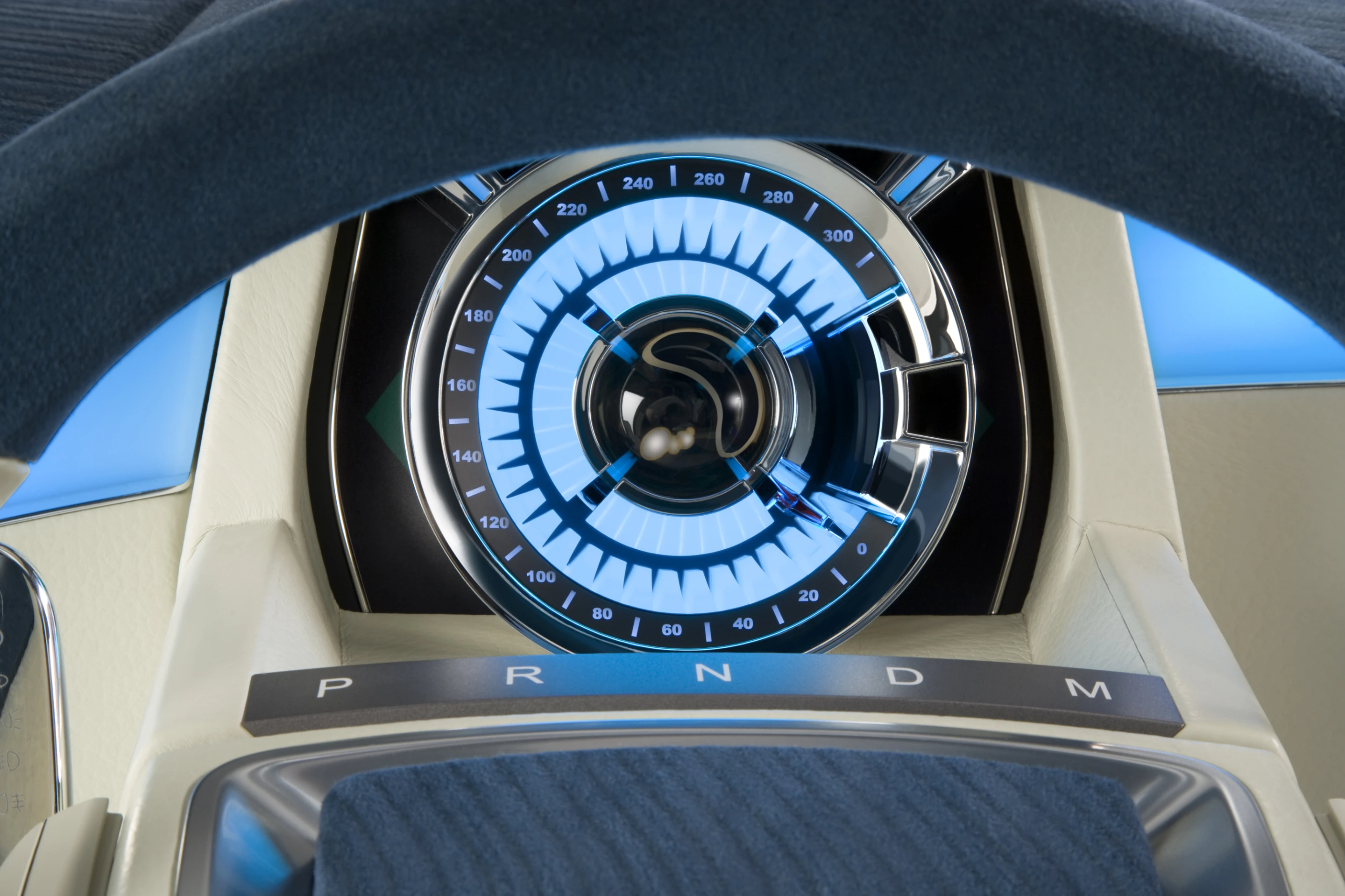 A simple centered instrument panel shows speed and selected drive mode