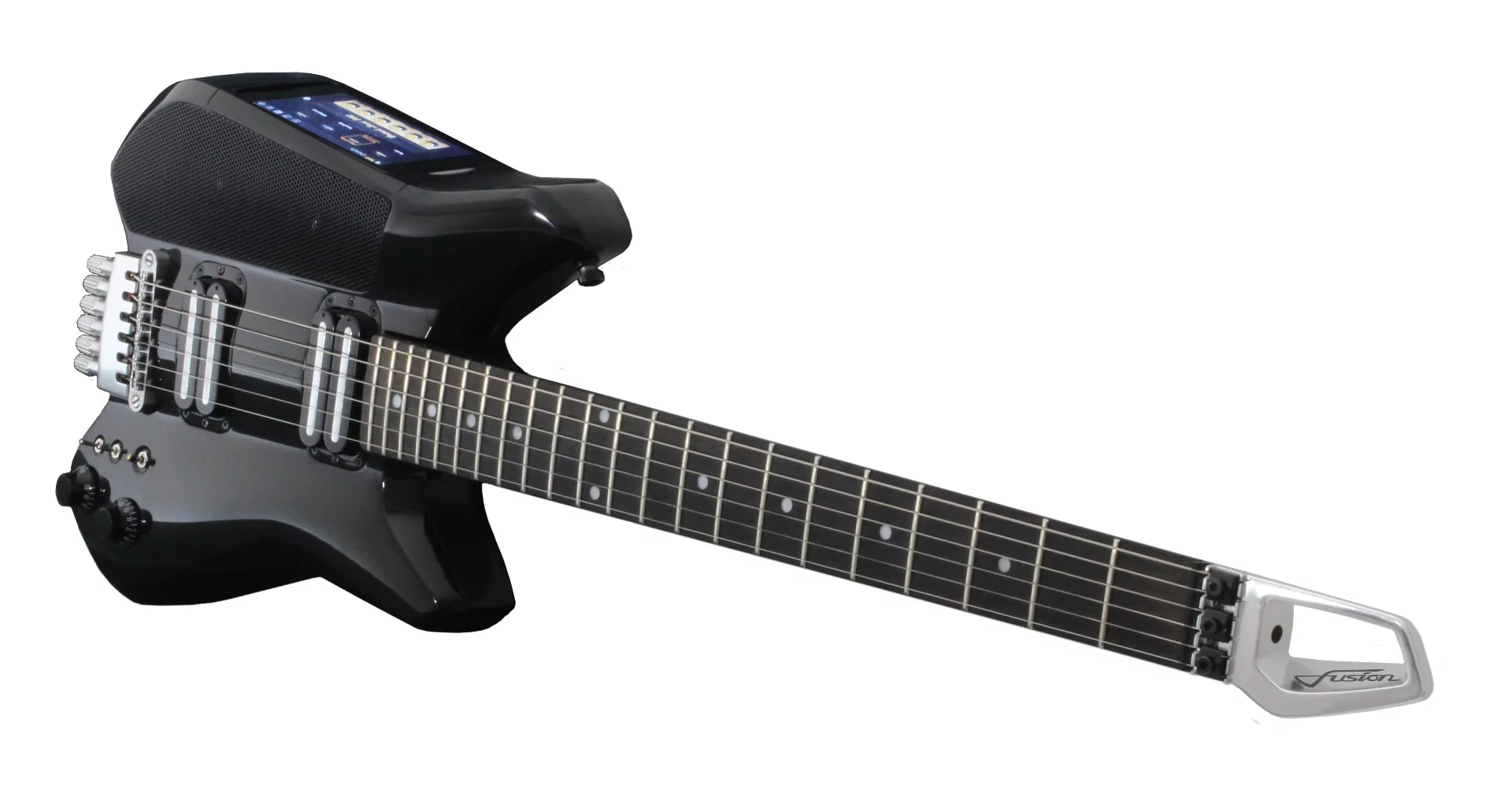 The guitar has two 30 W Tymphany Pearless full range speakers that throw out sounds to the front