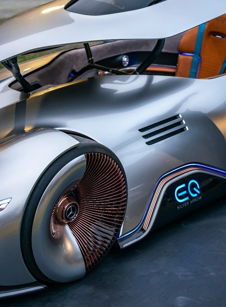 The forward-folding cockpit of the Vision EQ Silver Arrow concept in action