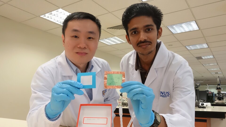 Researchers Tan Swee Ching (left) and Sai Kishore Ravi (right), with samples of their material