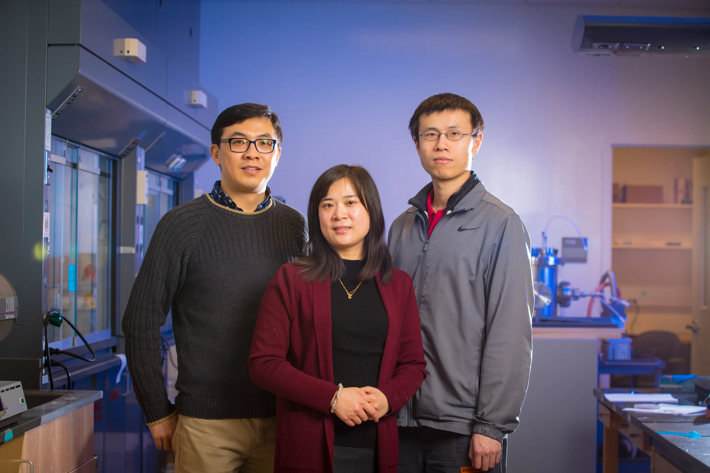 Left to right: Researchers Qiaoqiang Gan, Zongmin Bei and Haomin Song