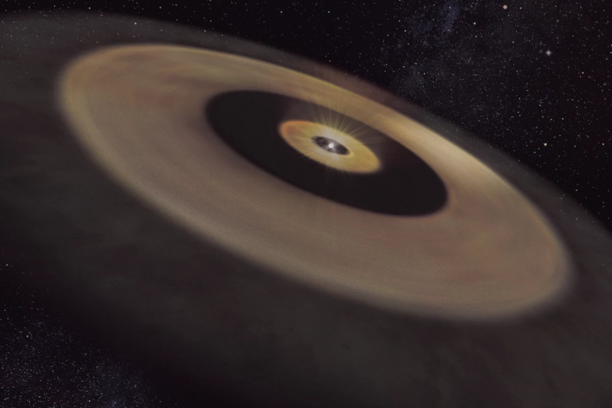 An artist's impression of the two dust disks surrounding the nearby young star DM Tau, which could give birth to a planetary system like our own