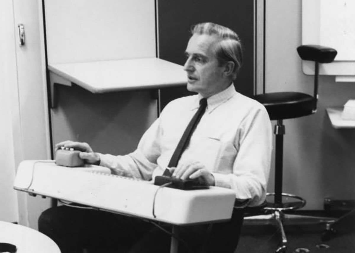 Douglas Engelbart demonstrates the computer mouse for the first time on 9 December, 1968. In his left hand is a coding keyset. The Engelbart/SRI concept helped change the world and one of the original first production prototypes looks set to recalibrate auction records on 10 September 2024
