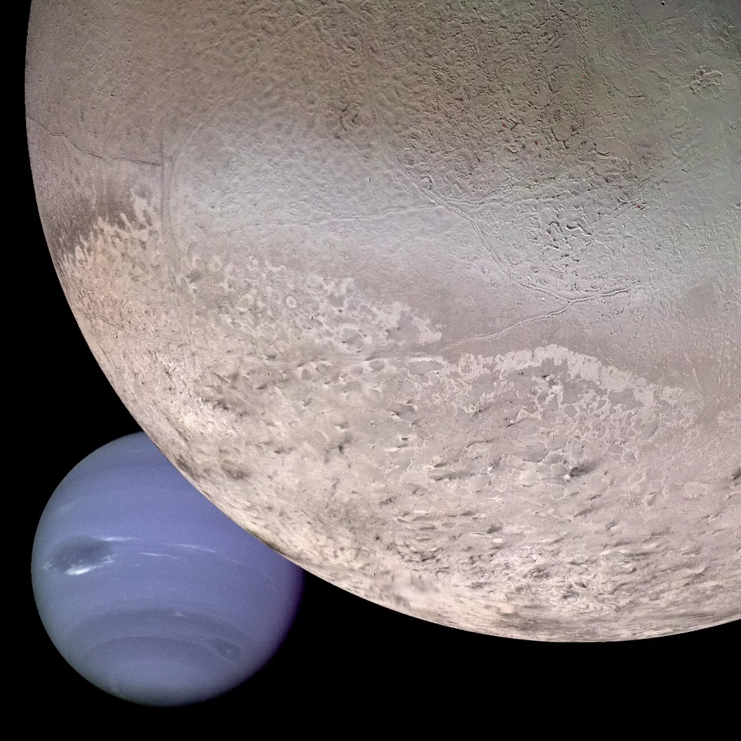 A computer-generated montage of two Voyager 2 images showing Neptune’s moon Triton in the foreground