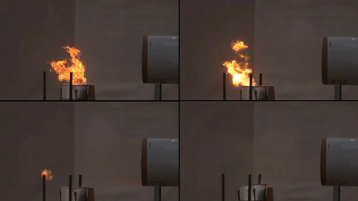 A flame is blown off its fuel source with a blast of air from explosives