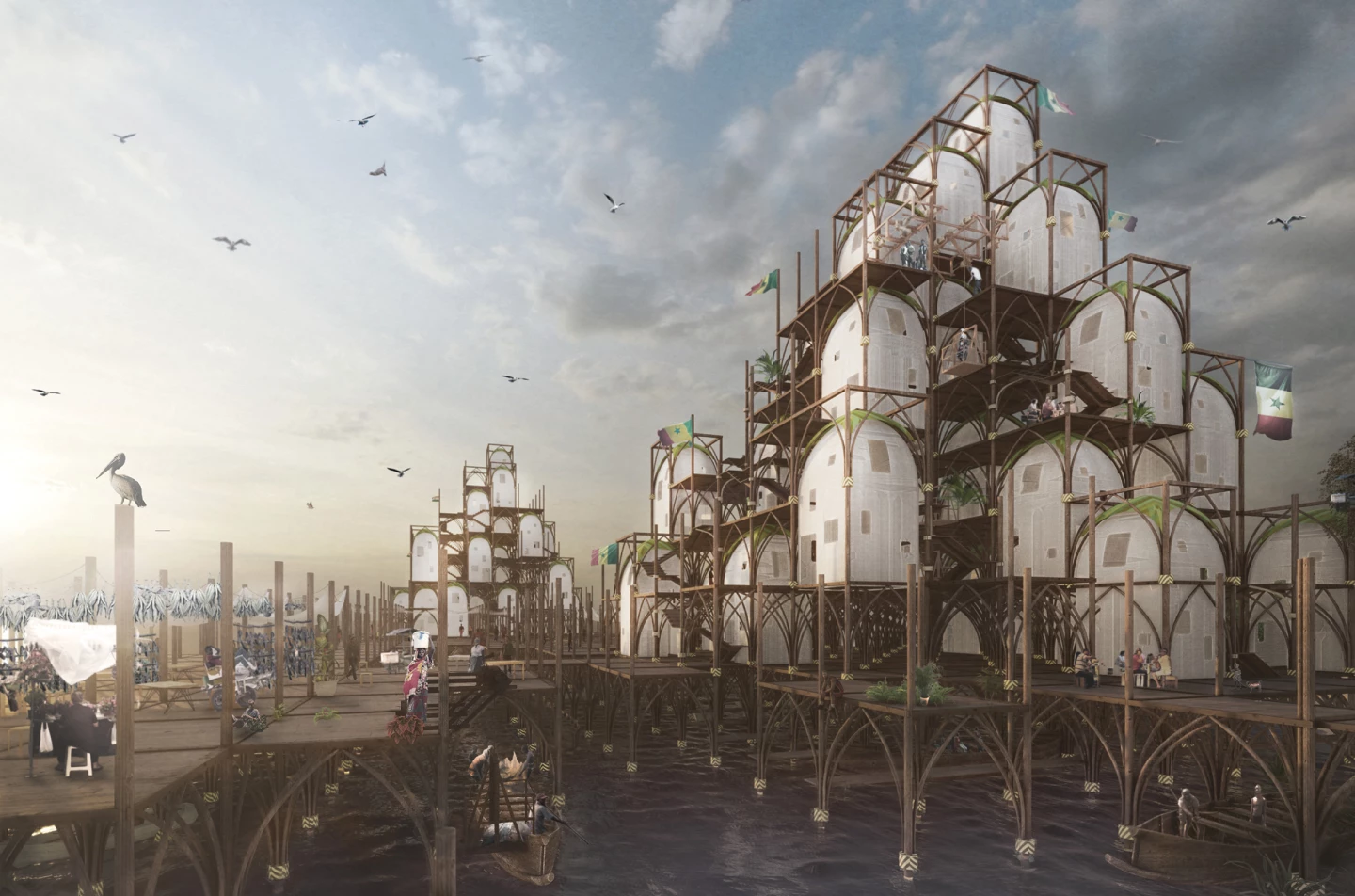 Coast Breakwater by Taiwan’s Charles Tzu Wei Chiang and Alejandro Moreno Guerrero is a tower designed in response to the plight of fishermen in Senegal, who are moving inland in response to the rising water levels