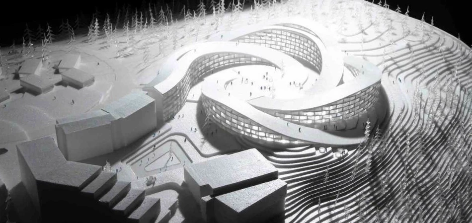 The buildings extend parallel to each other to create a sequence of intertwining streets