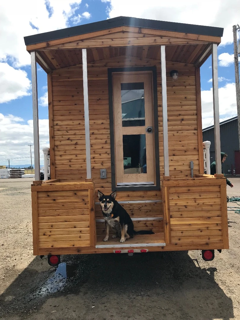 The Tiny Traveler consists of an aluminum frame and cedar wood, with rigid foam insulation
