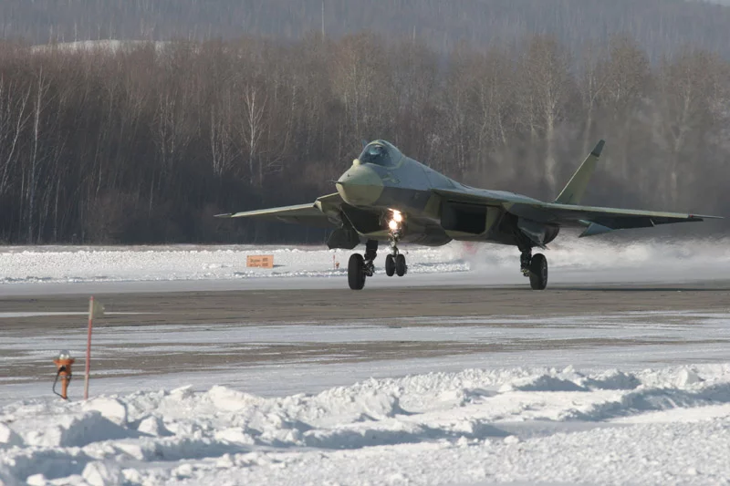 The Russian T-50 PAK-FA fighter jet prototype taking its maiden flight