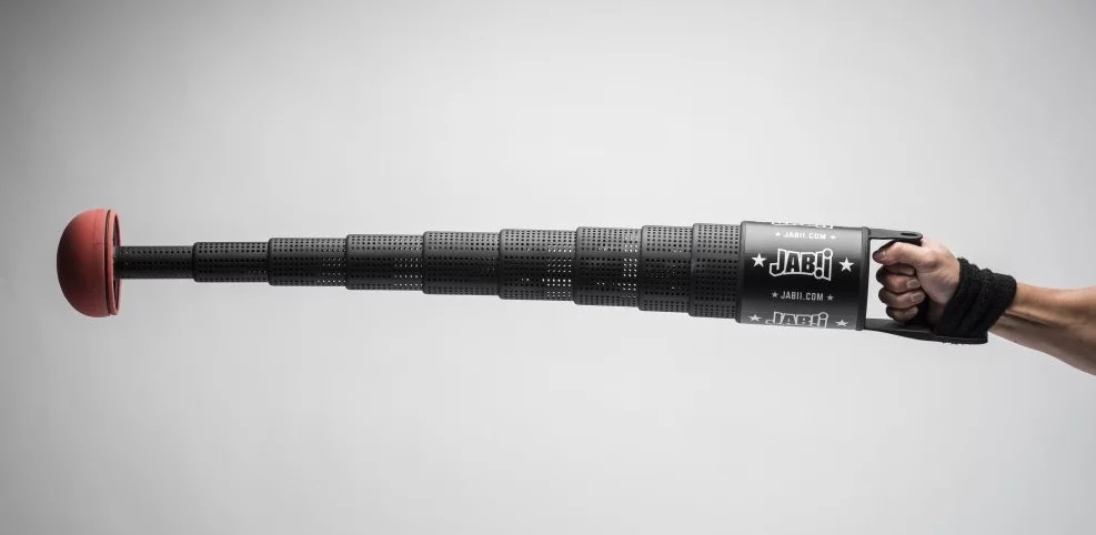 The spring-loaded telescopic Jabbi glove can extend up to 38 in (96.5 cm) when a punch is thrown