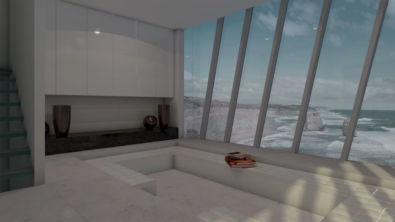 The interior features three bedrooms (one with an en suite bathroom), one larger bathroom, a barbecue area, spa, dining room, kitchen, and lounge (Image: Modscape)