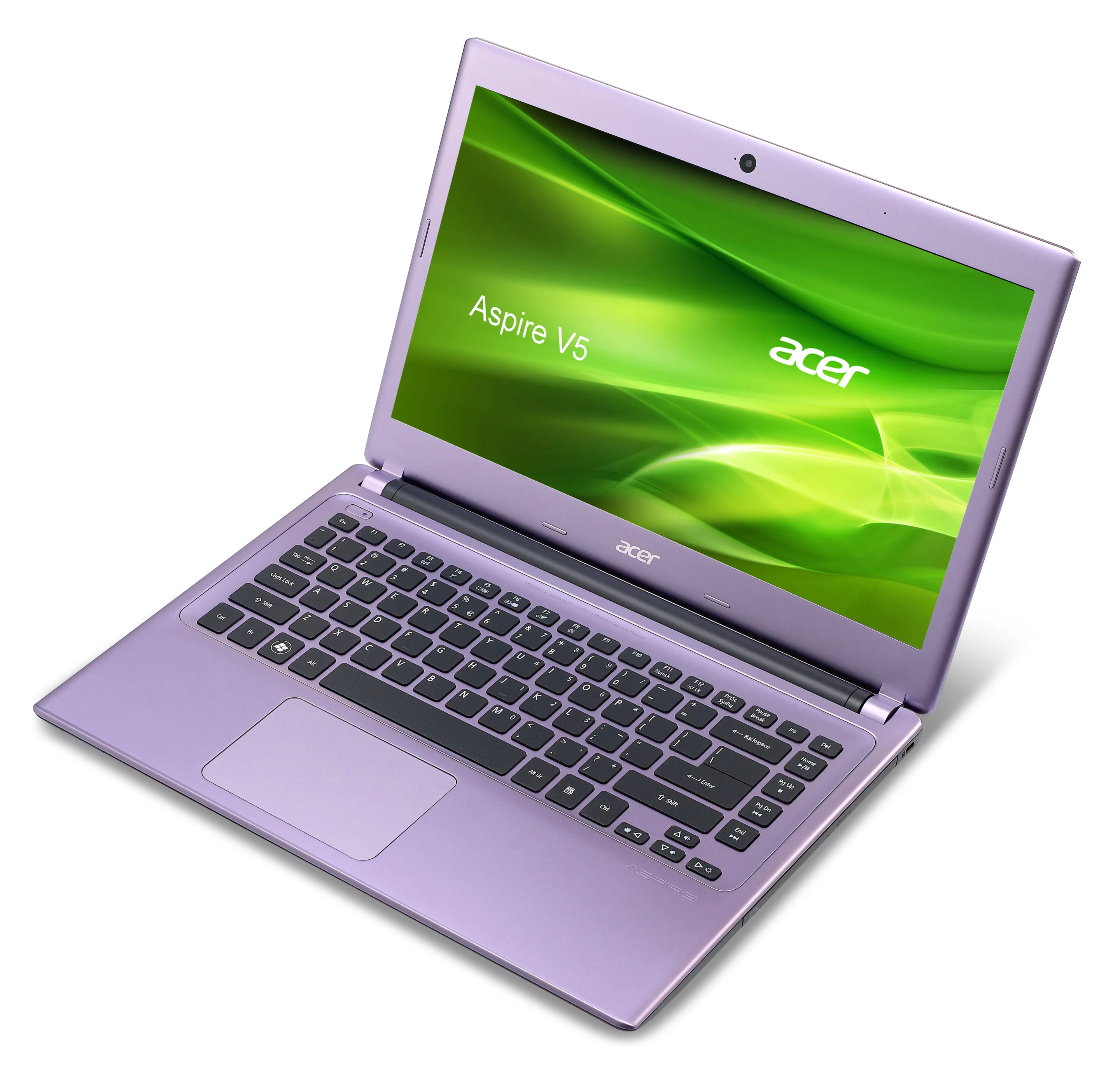 A diagonal view of the Acer Aspire V5 in purple